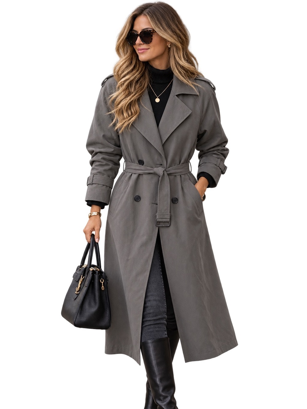 London Fog Gray Double-Breasted Trench Coat with Belt size 6 petite Cotton Blend